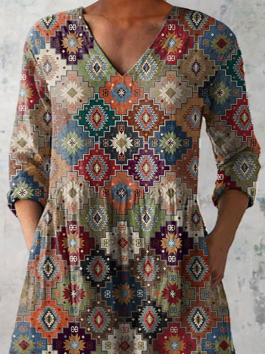 Vintage Ethnic Pattern Printed Women's Casual Linen V-Neck Shirt