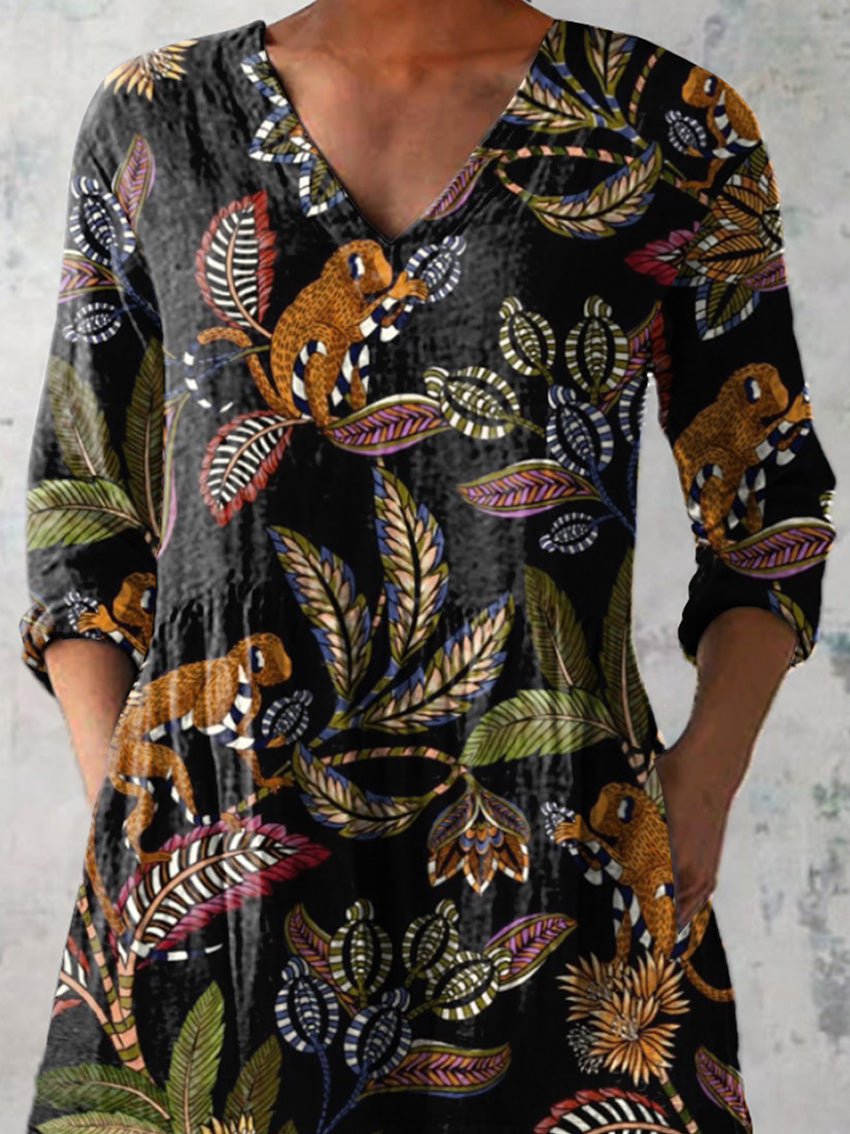 Tropical Woodland Pattern Printed Women's Casual Linen V-Neck Shirt