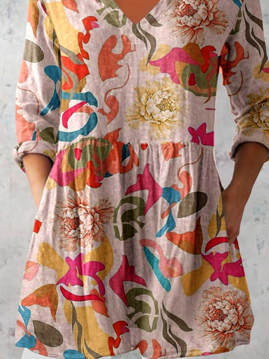 Women's Elegant Floral Print V-Neck Cotton and Linen Top