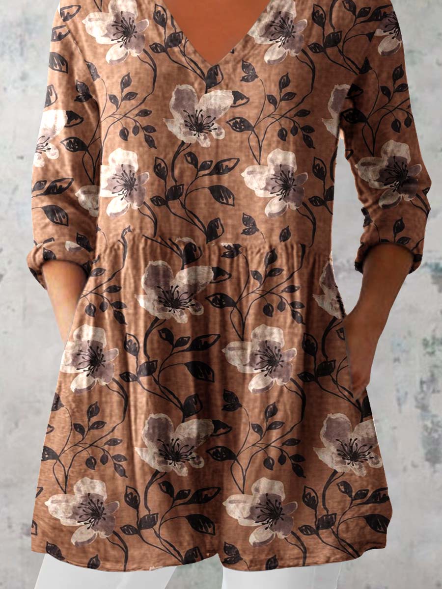 Women's Elegant Floral Print Pattern Cotton and Linen Top