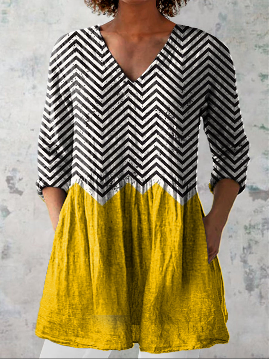 Women's Irregular Geometric Art Print Casual Linen V-neck Shirt