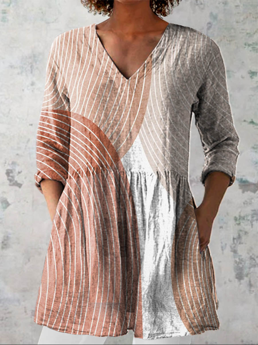 Women's Abstract Geometric Line Pattern Art Print Casual Linen V-neck Shirt