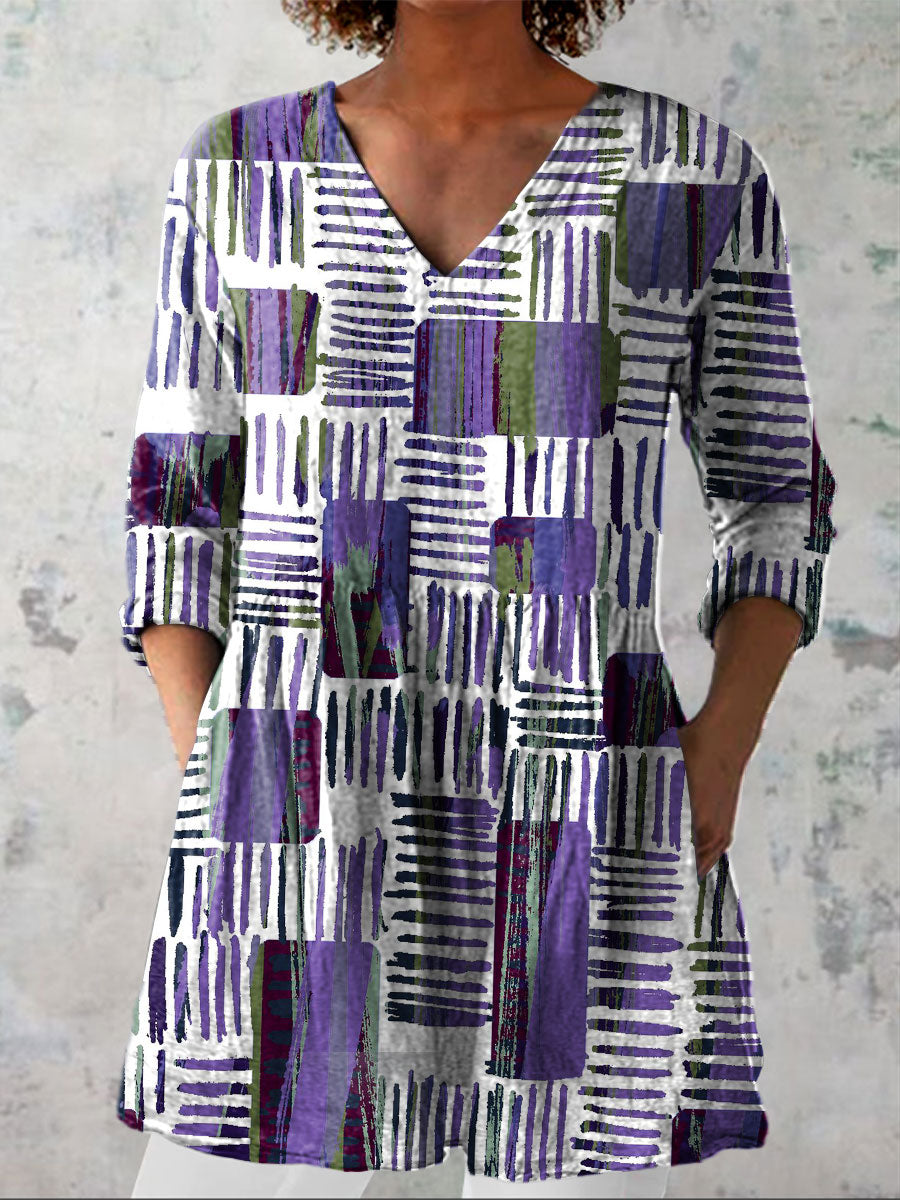 Women's Fashion Color Block Art Print Casual Linen V-neck Shirt