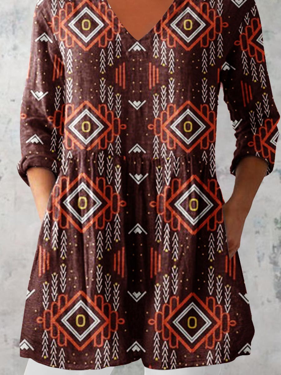 Women's Art Geometric Print V-Neck Cotton and Linen Top