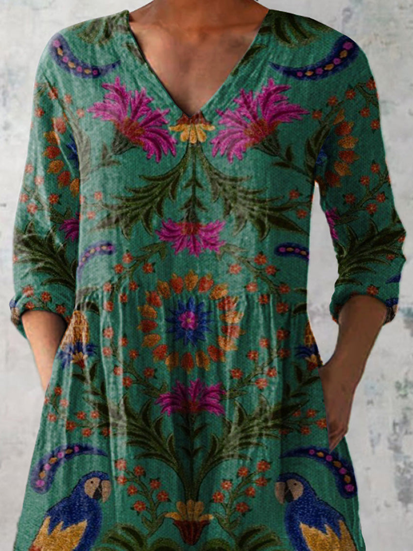 Summer Tropical Ethnic Pattern Printed Women's Casual Linen V-Neck Shirt