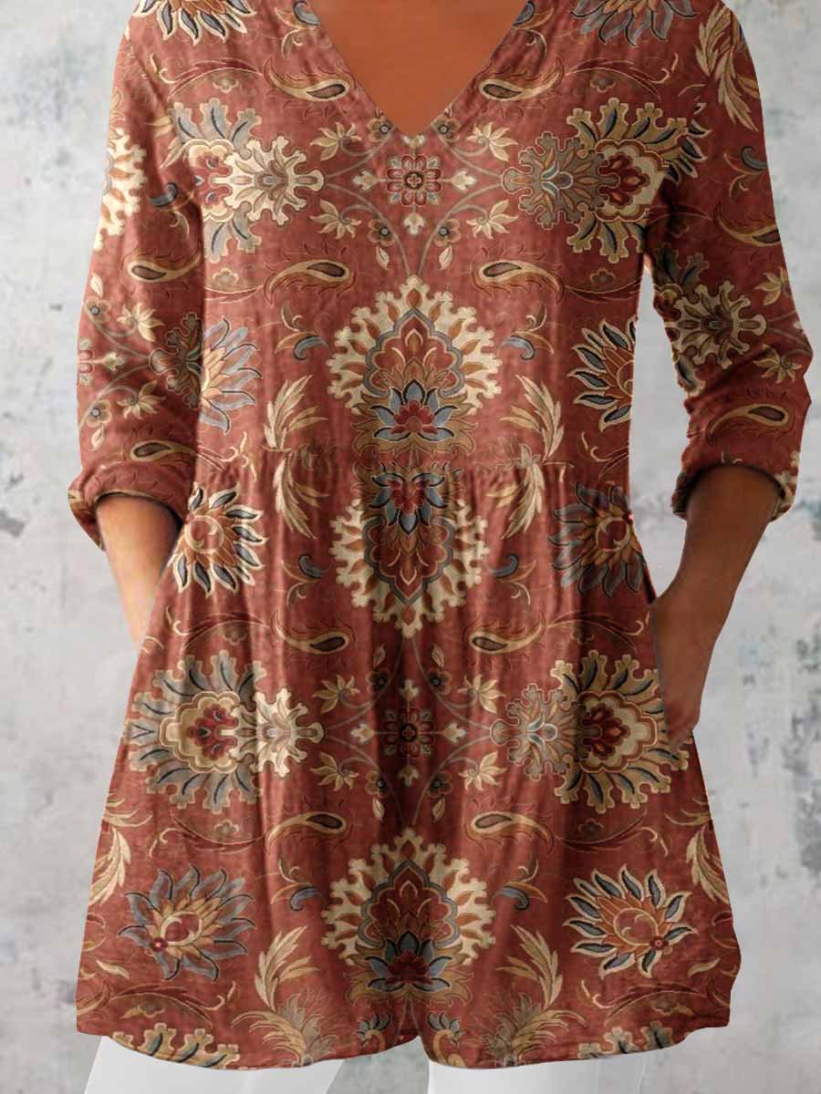 Women's Elegant Floral Pattern Round Neck Cotton and Linen Top