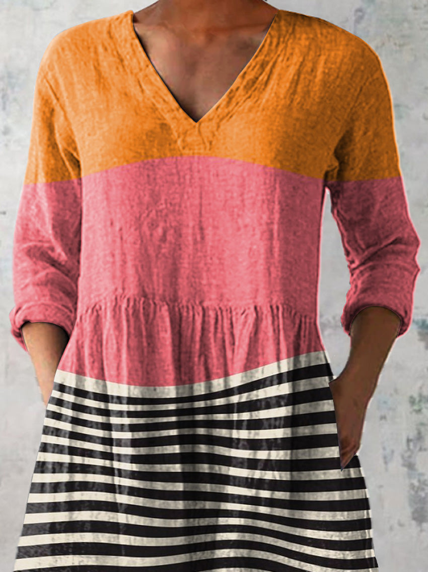 Simple Geometric Art Printed Women's Casual Linen V-Neck Shirt