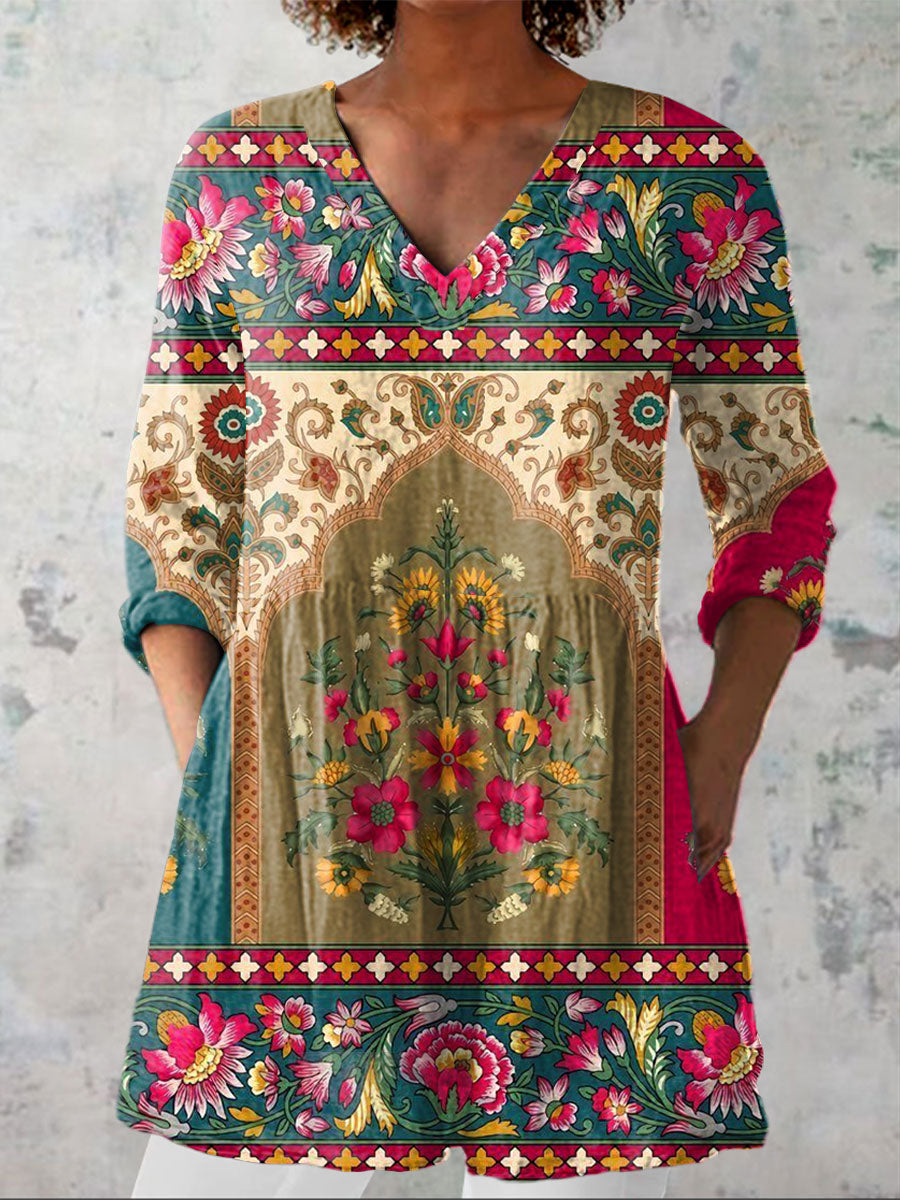 Women's Boho Flowers Art Print Casual Linen V-neck Shirt