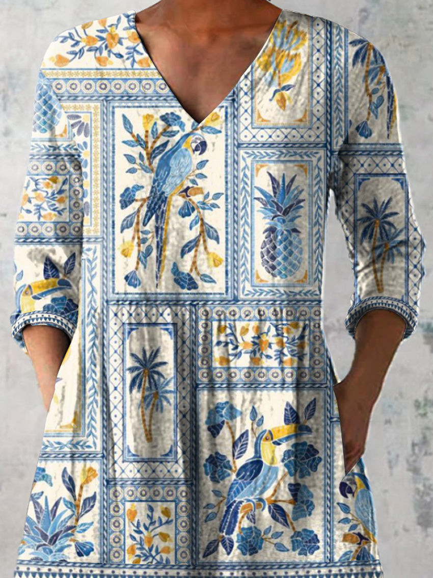 Summer Tropical Pattern Printed Women's Casual Linen V-Neck Shirt