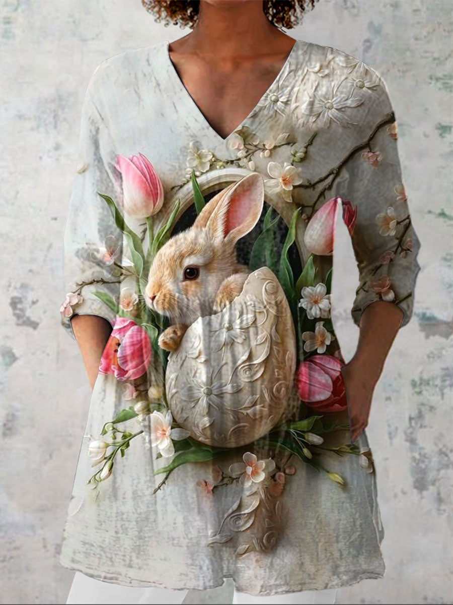 Women's Easter Bunny Art Print Casual Linen V-neck Shirt