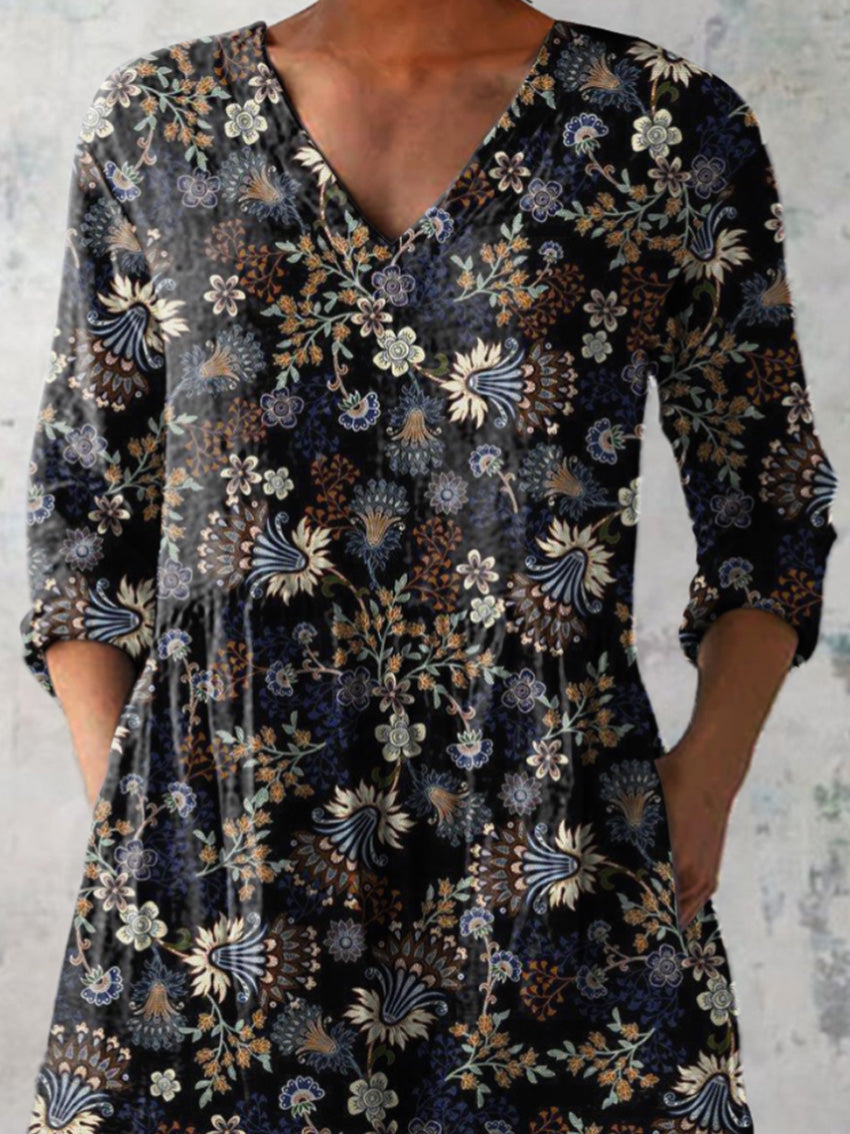 Vintage Spring Floral Pattern Printed Women's Casual Linen V-Neck Shirt