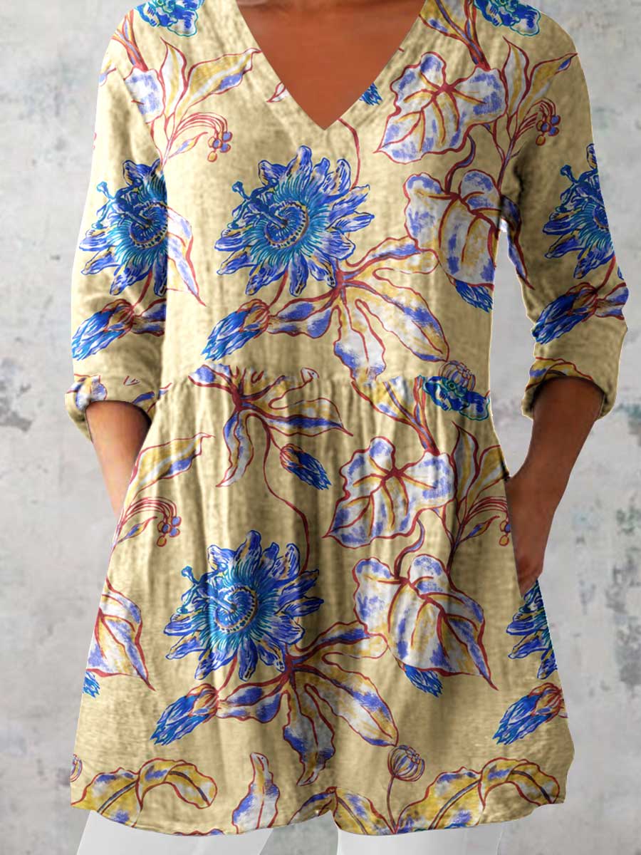 Women's Elegant Floral Print V-Neck Cotton and Linen Top