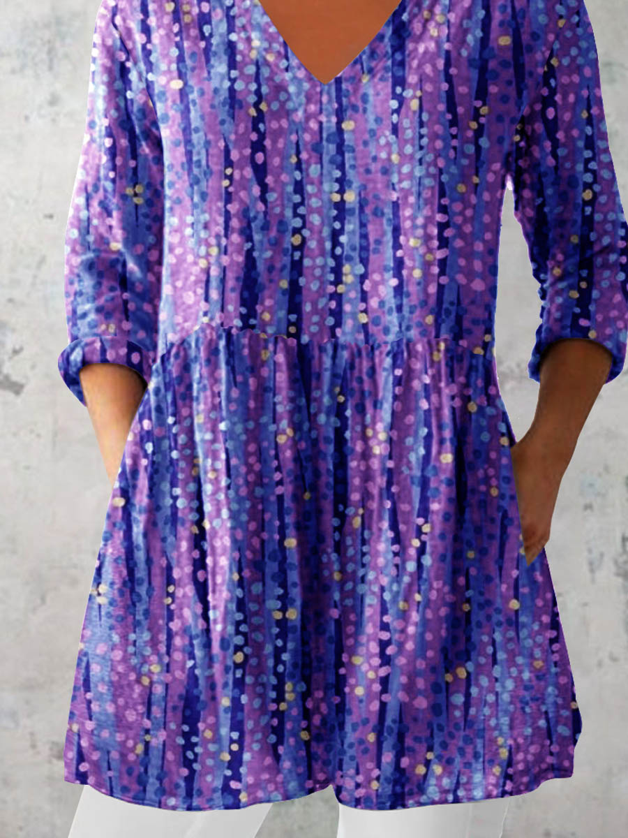 Women's Art Color Dot Print V-Neck Cotton and Linen Top