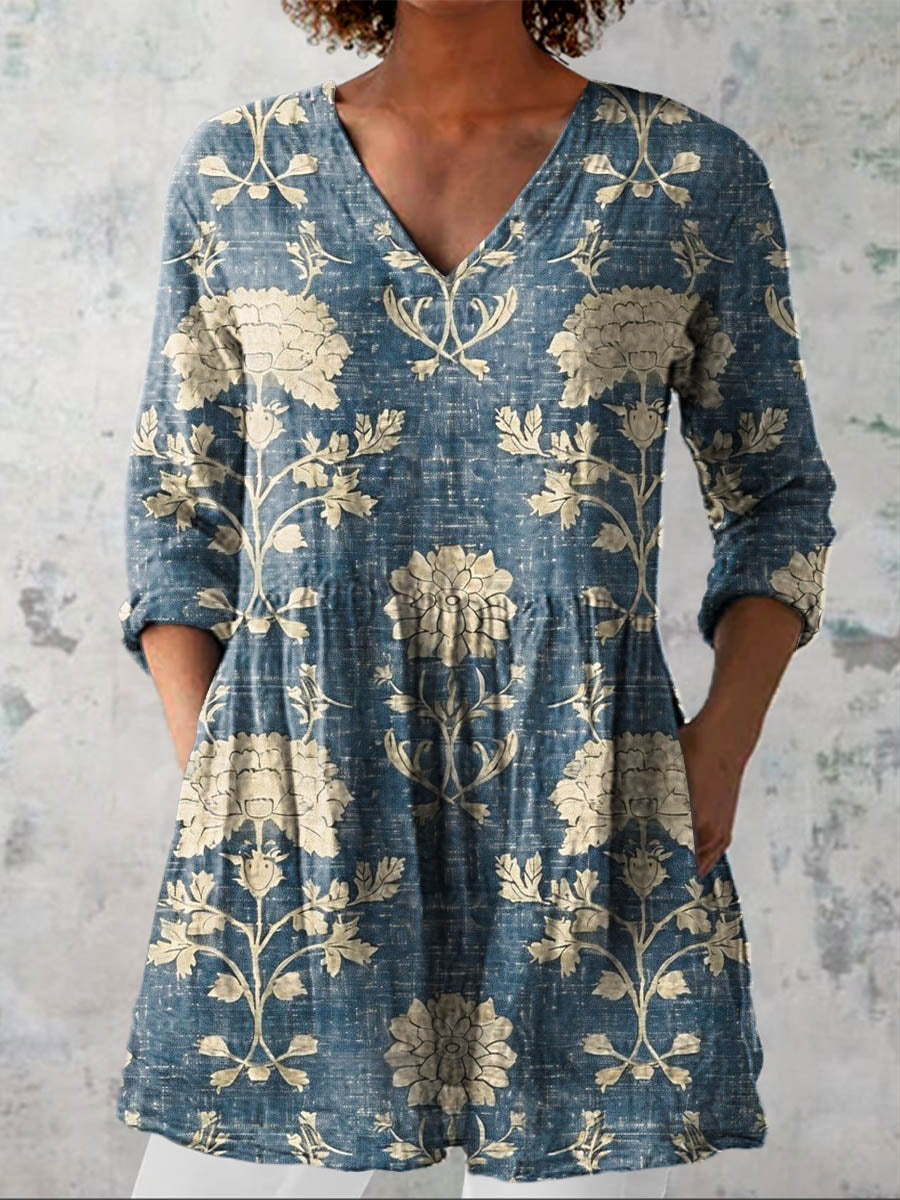 Women's Vintage Lovely Floral Art Print Casual Linen V-neck Shirt