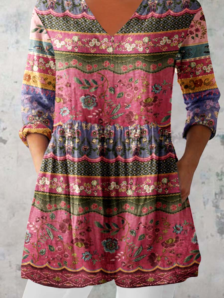 Women's Pellis Pattern Cotton and Linen V-neck Top