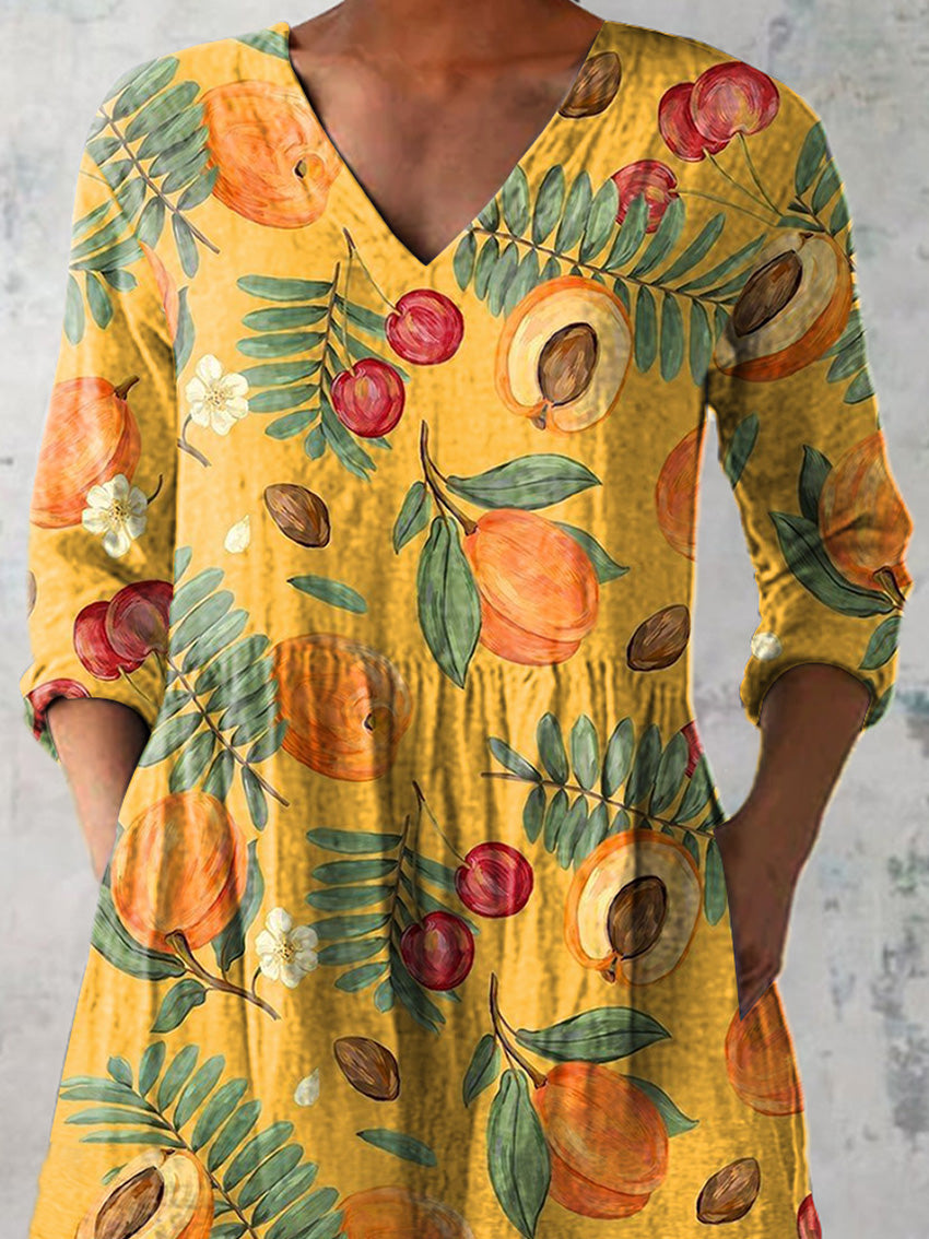 Summer Apricot Fruit Pattern Printed Women's Casual Linen V-Neck Shirt