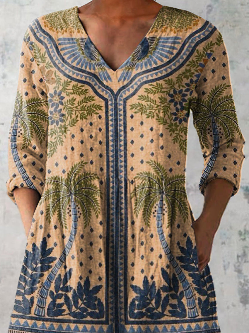 Retro Summer Tropical Forest Pattern Printed Women's Casual Linen V-Neck Shirt