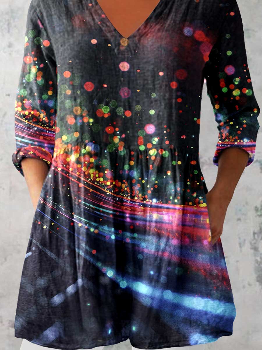 Women's Art Color Dot Print V-Neck Cotton and Linen Top