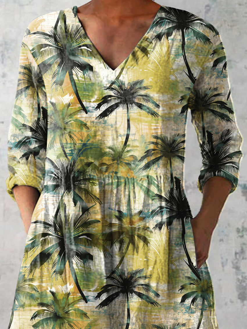 Summer Palm Tree Pattern Printed Women's Casual Linen V-Neck Shirt