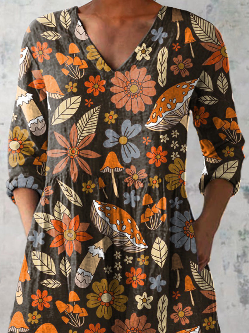 Retro Forest Mushroom Pattern Printed Women's Casual Linen V-Neck Shirt