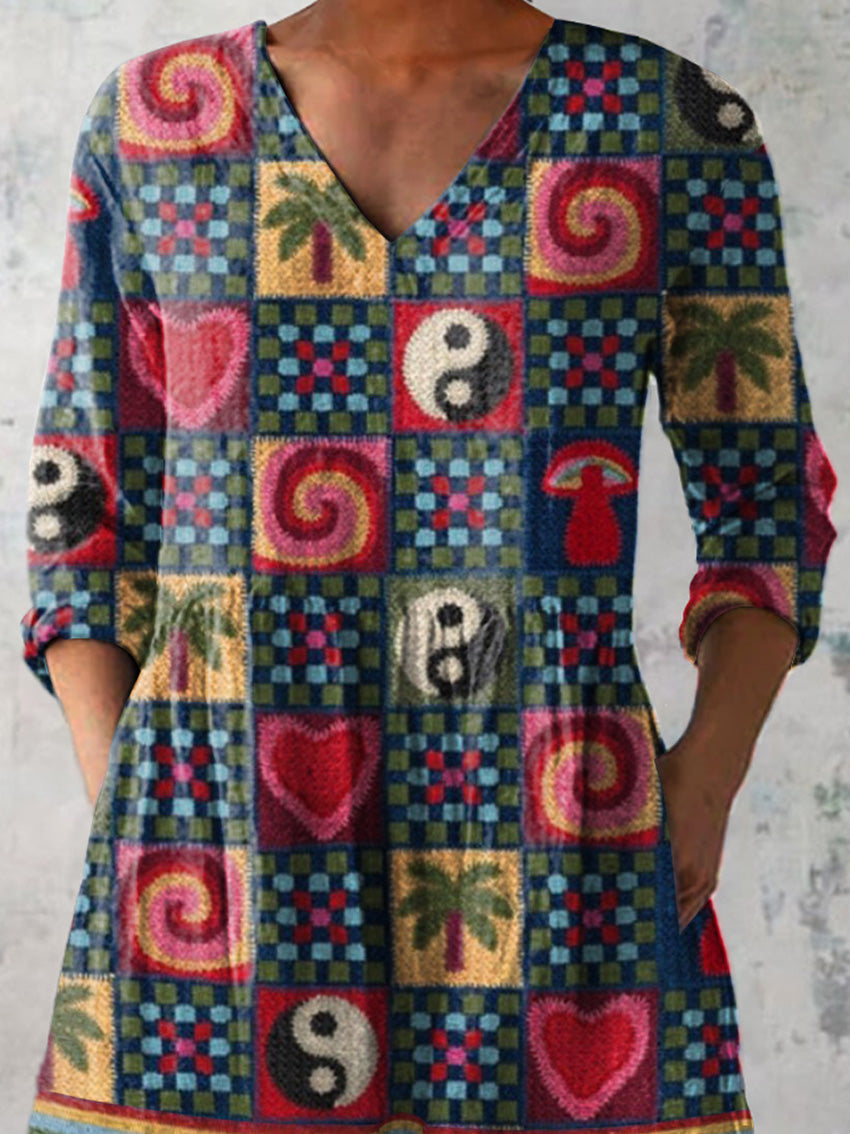 Hippie Style Summer Pattern Printed Women's Casual Linen V-Neck Shirt