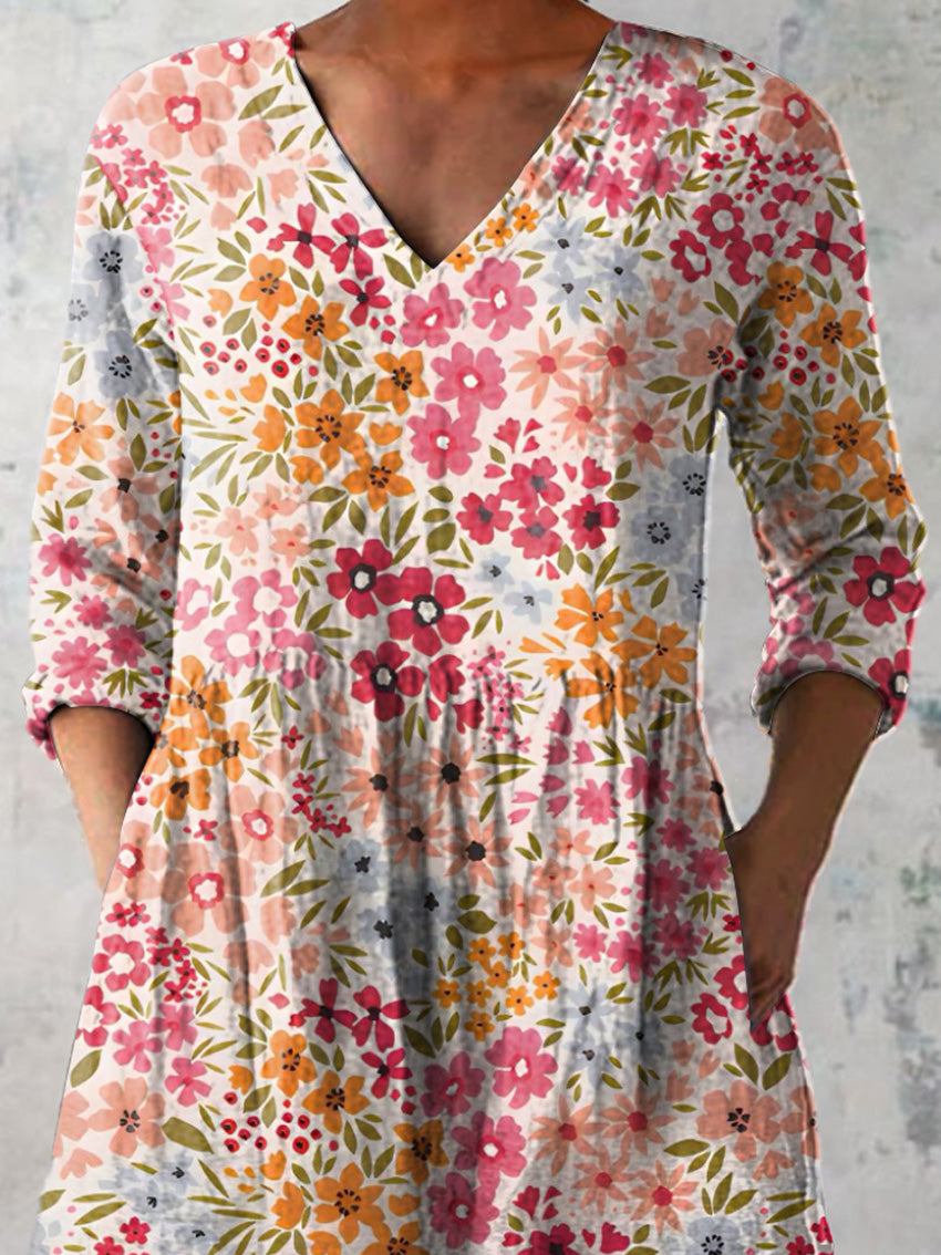 Vibrant Summer Floral Pattern Printed Women's Casual Linen V-Neck Shirt
