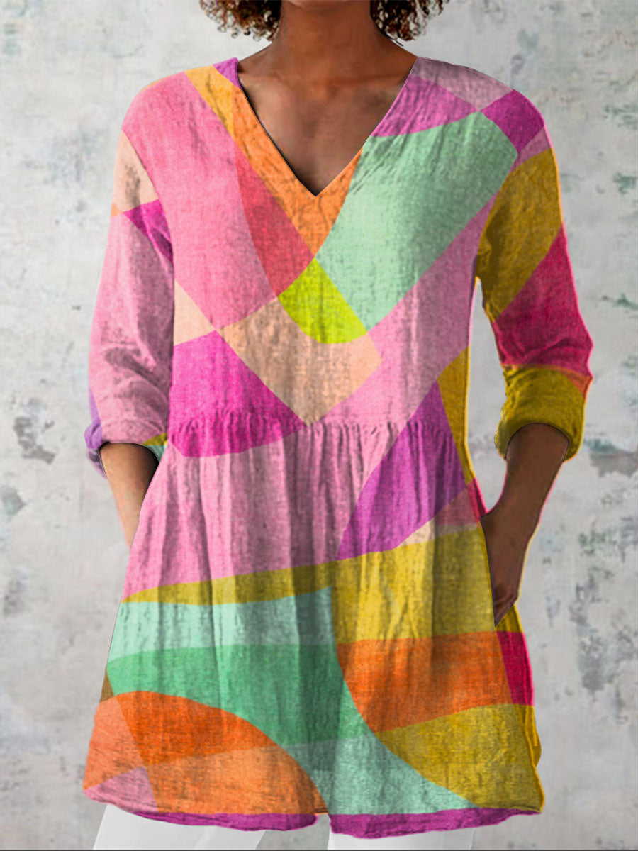 Women's Vintage Geometry Print Casual Linen V-neck Shirt