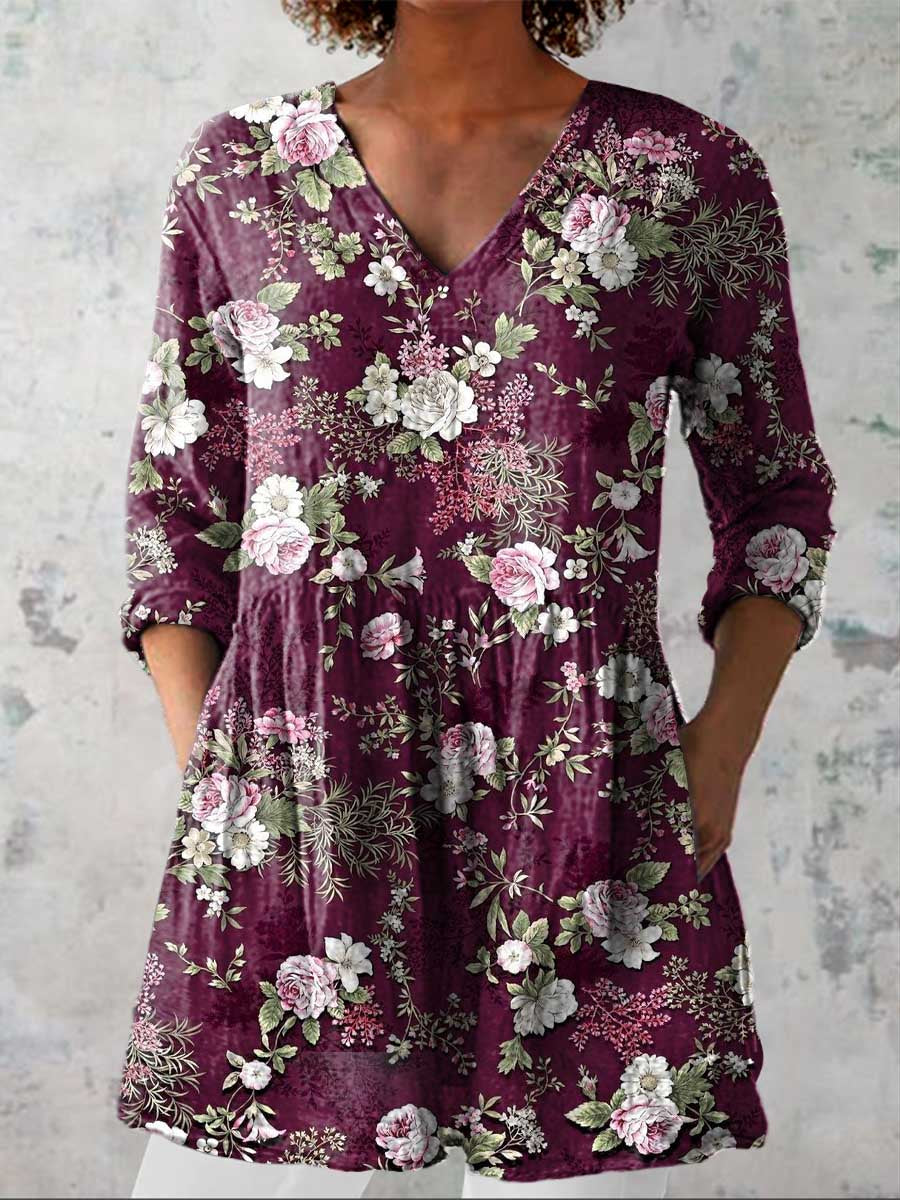 Women's Vintage Lovely Floral Art Print Casual Linen V-neck Shirt
