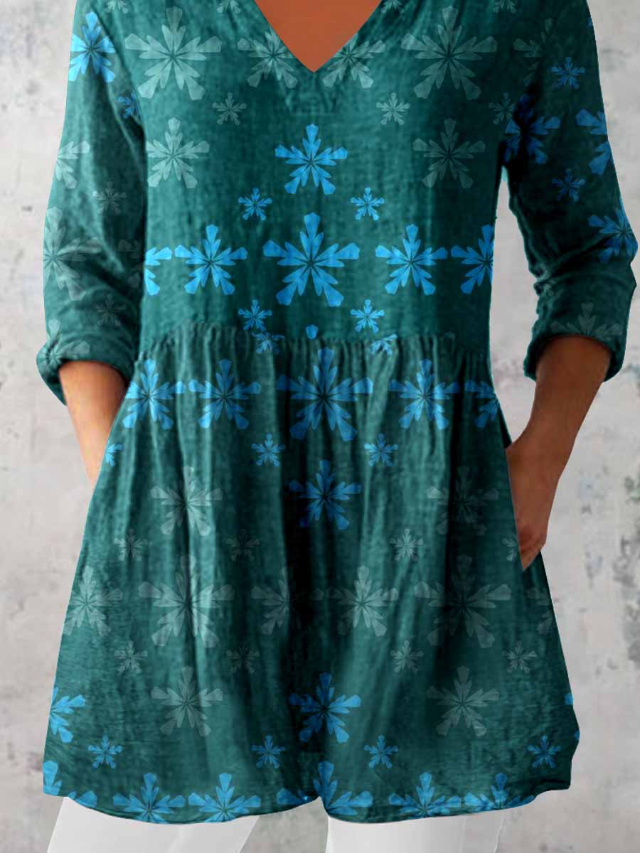 Women's Elegant Floral Print V-Neck Cotton and Linen Top