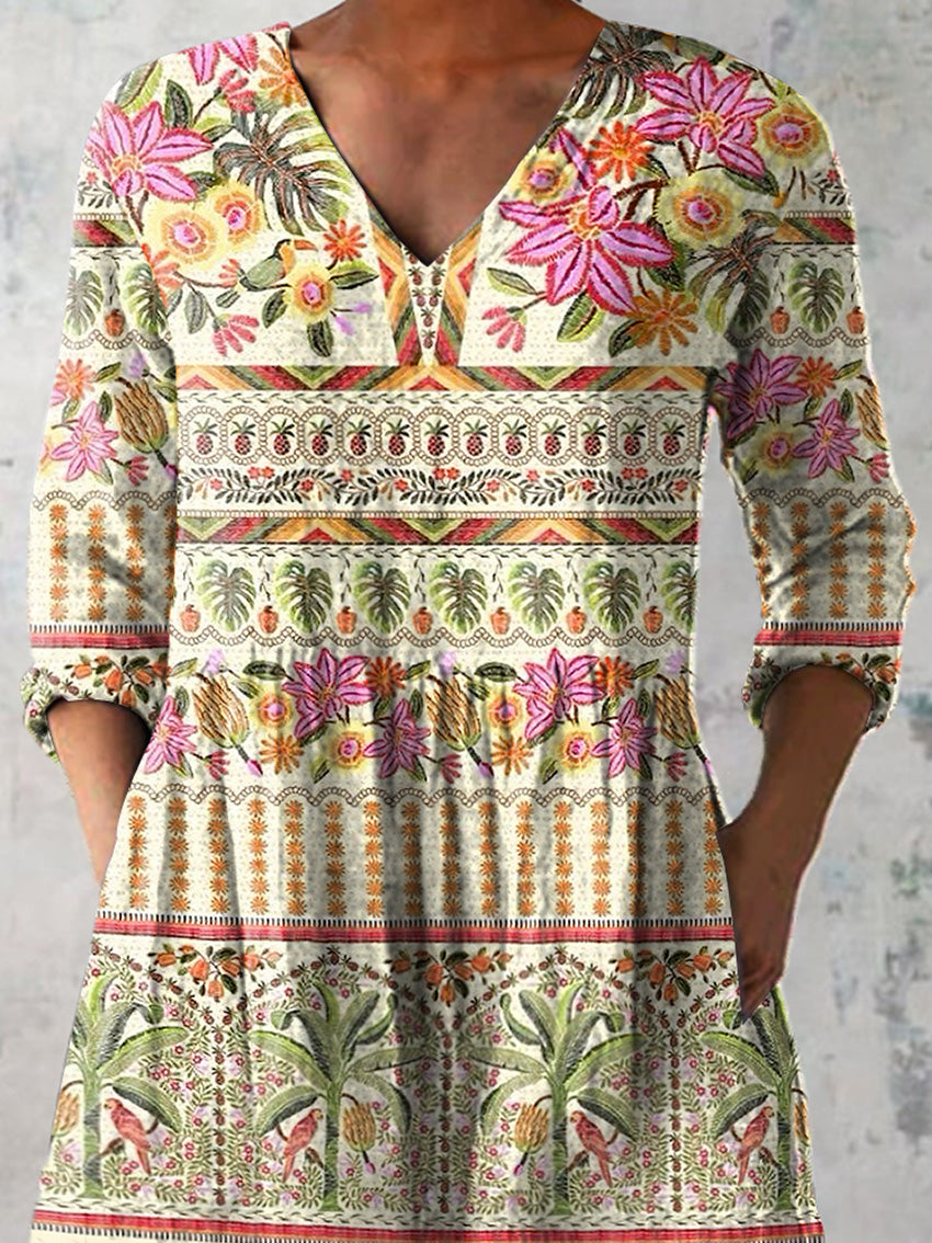 Ethnic Tropical Pattern Printed Women's Casual Linen V-Neck Shirt