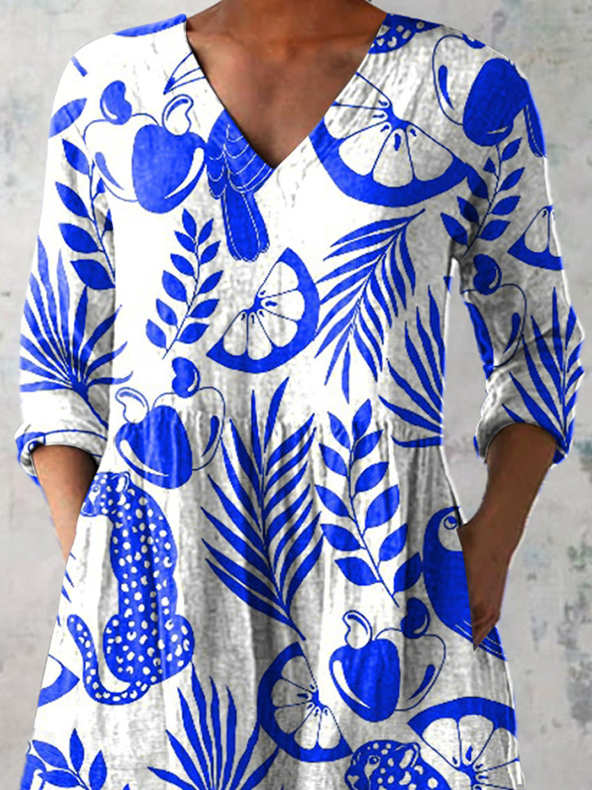 Vibrant Summer Tropical Forest Pattern Printed Women's Casual Linen V-Neck Shirt