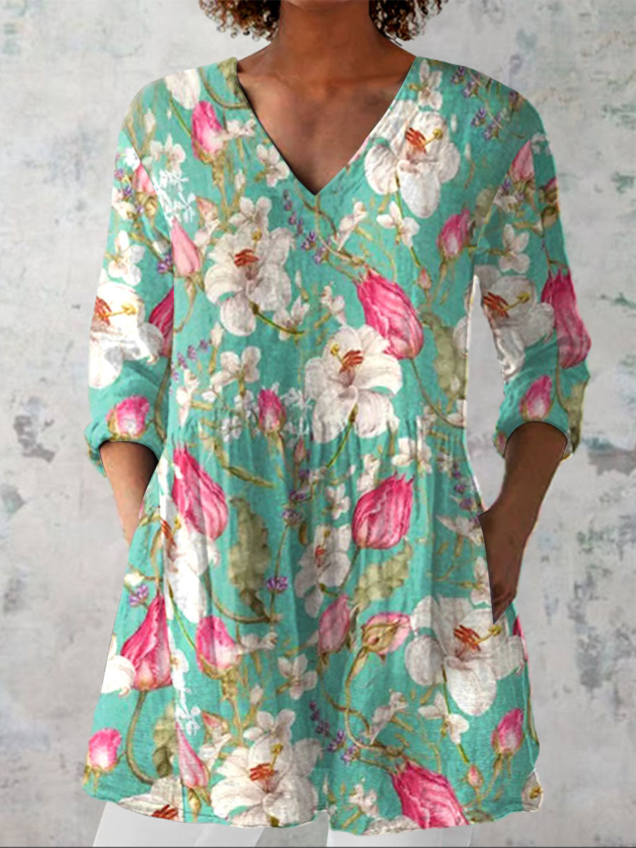Women's Vintage Flowers Art Print Casual Linen V-neck Shirt