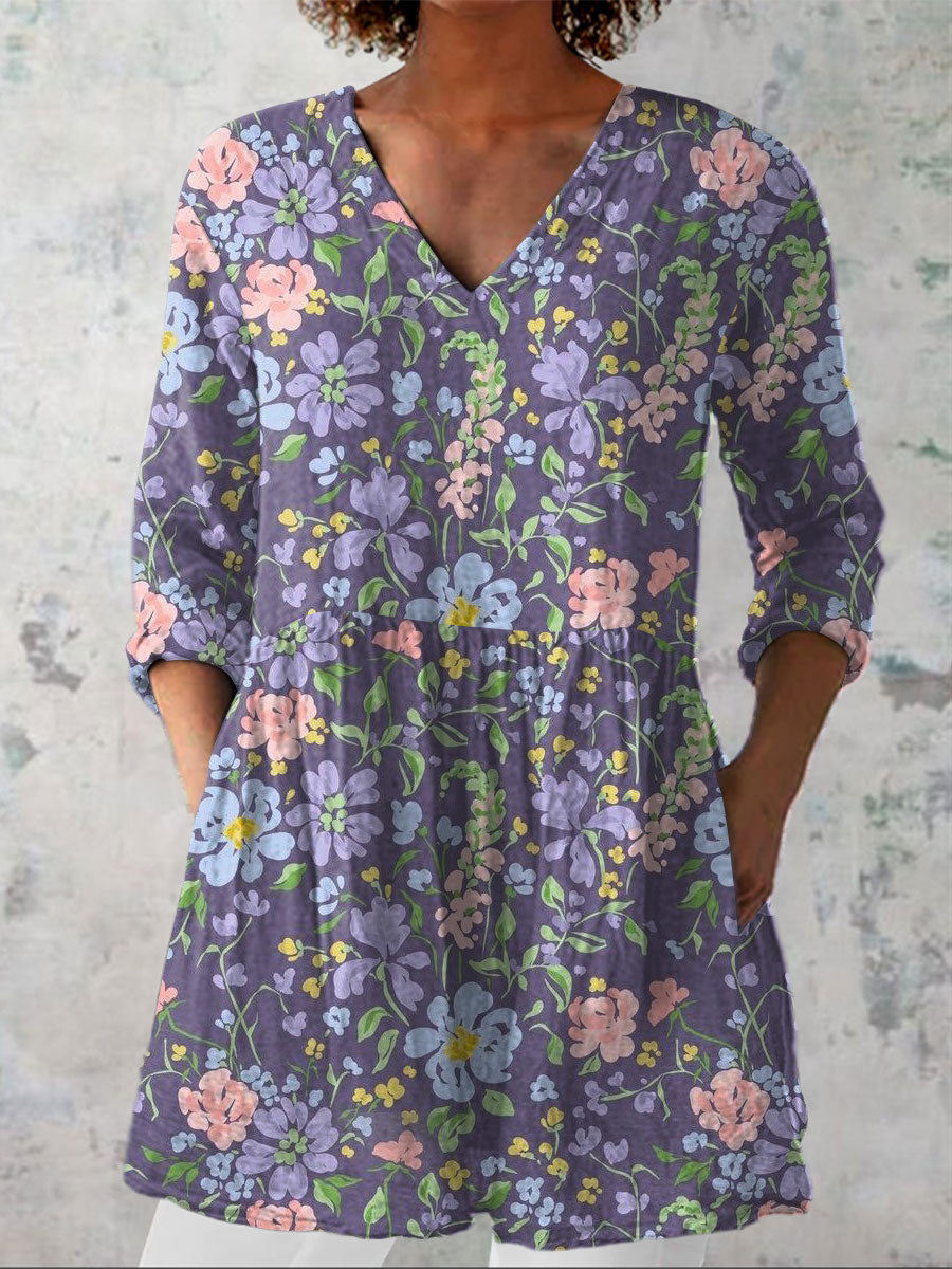 Women's Pastoral Flowers Art Print Casual Linen V-neck Shirt