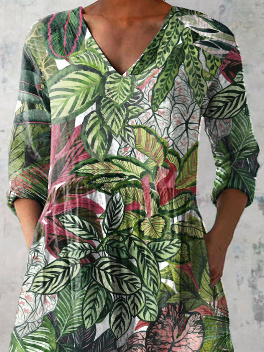 Watercolor Botanical Leaf Pattern Printed Women's Casual Linen V-Neck Shirt