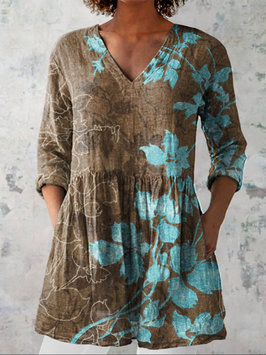 Women's Vintage Floral Art Print Casual Cotton Linen V-neck Shirt
