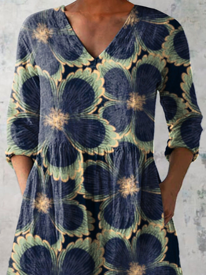 Vintage Floral Repeat Pattern Printed Women's Casual Linen V-Neck Shirt