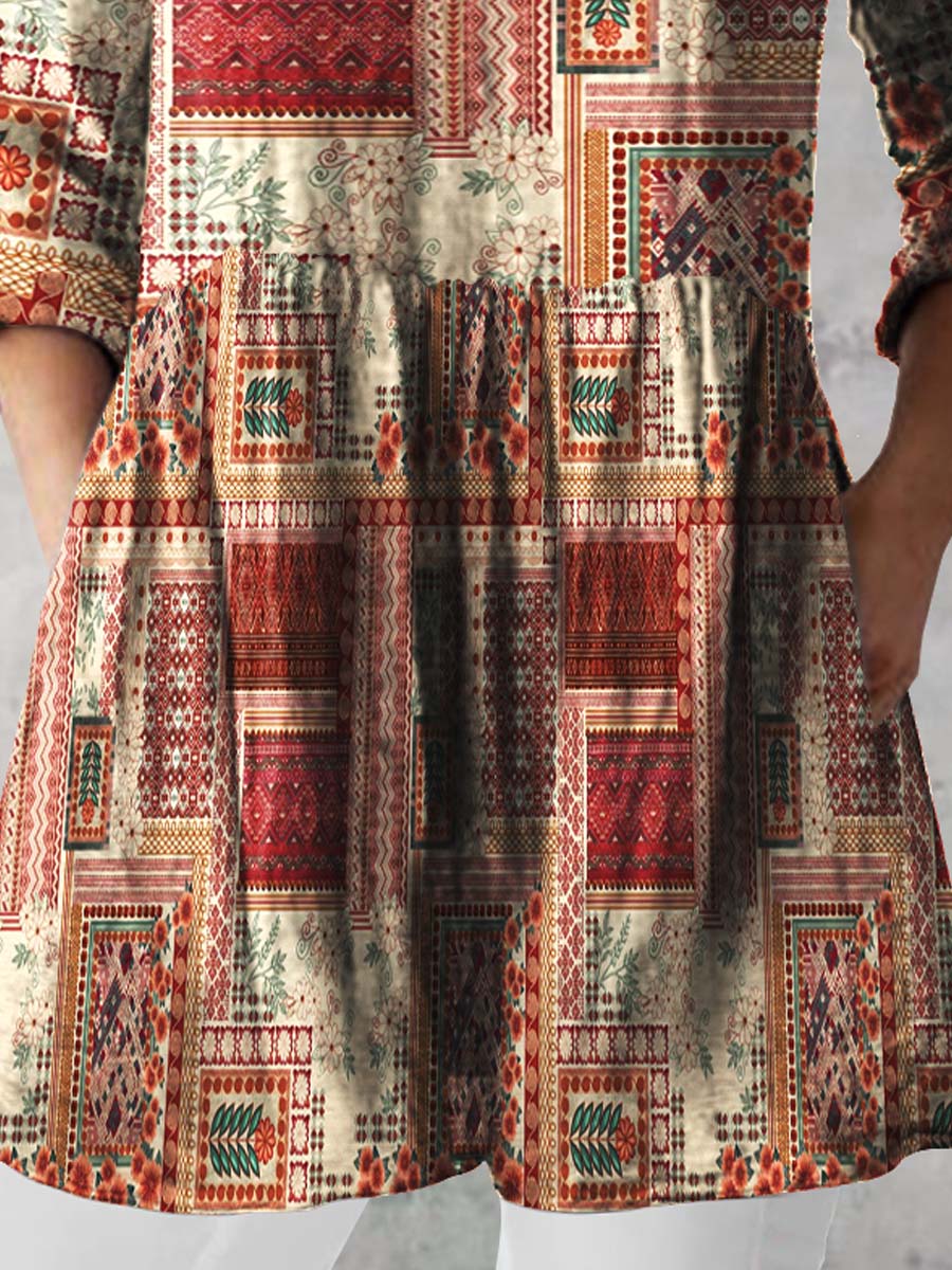 Women's Retro Floral Art Print Casual Cotton And Linen V-neck Top