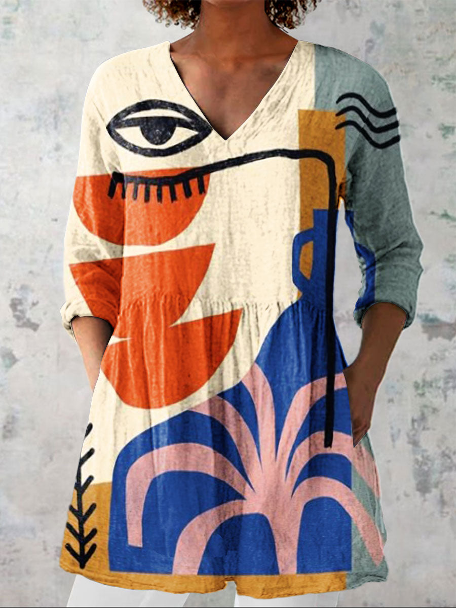 Women's Vintage Abstract Geometric Lines Floral Art Print Casual Linen V-neck Shirt