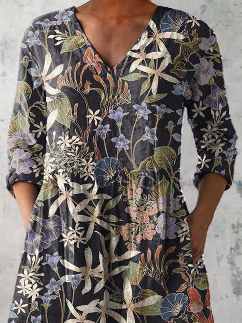 Midnight Summer Woodland Pattern Printed Women's Casual Linen V-Neck Shirt