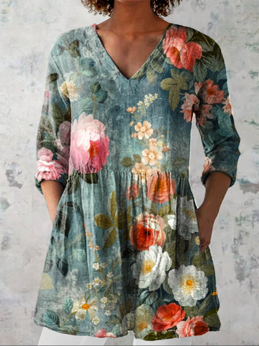 Women's Vintage Floral Art Print Casual Cotton Linen V-neck Shirt