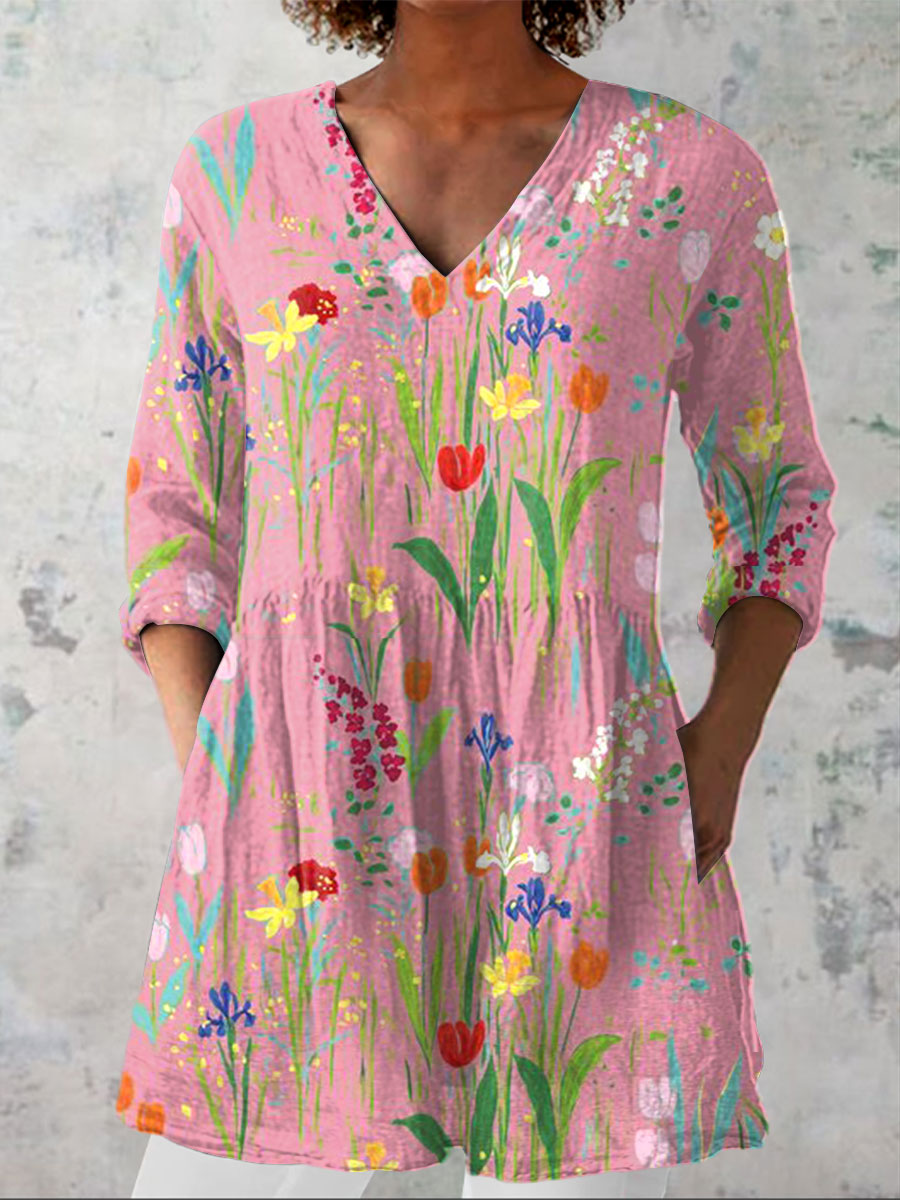 Women's Vintage Flowers Art Print Casual Linen V-neck Shirt