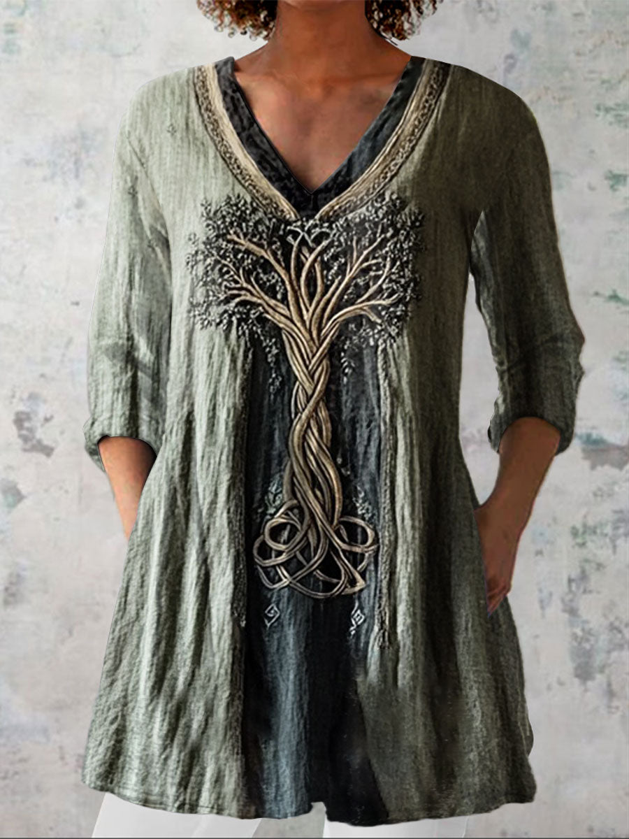 Women's Tree Of Life Vintage Art Print Casual Linen V-neck Shirt