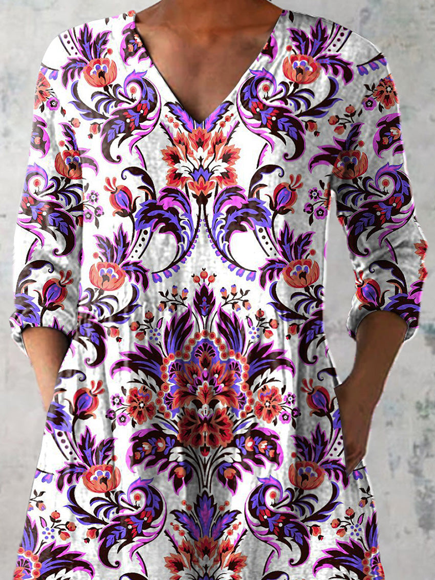 Colorful Ethnic Pattern Printed Women's Casual Linen V-Neck Shirt