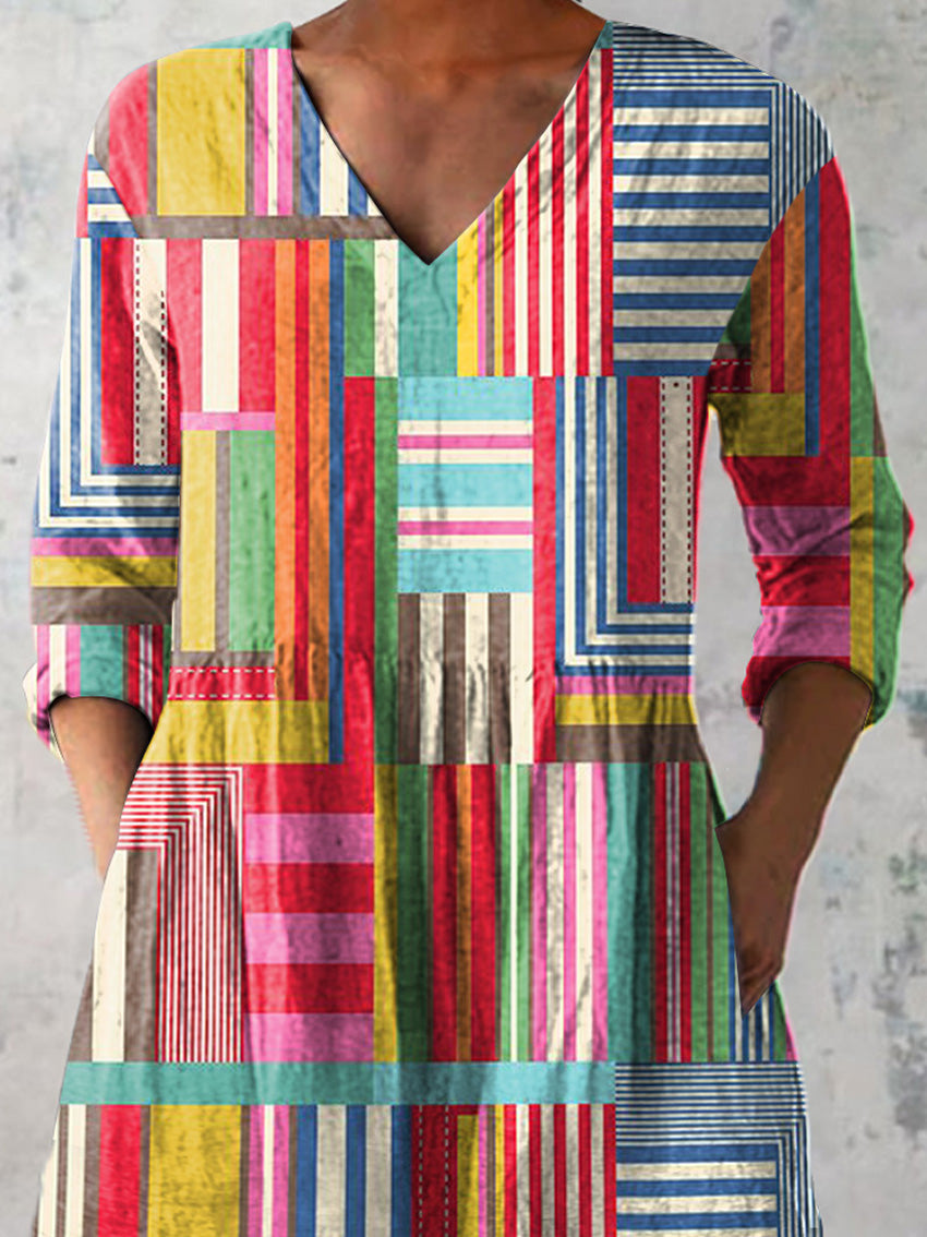 Colorful Geometric Pattern Printed Women's Casual Linen V-Neck Shirt