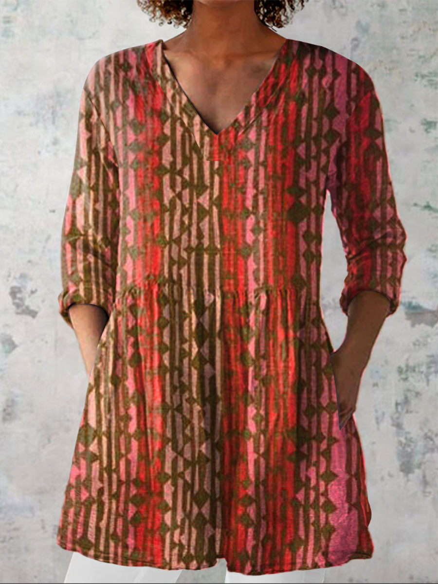 Women's Boho Vintage Art Print Casual Linen V-neck Shirt