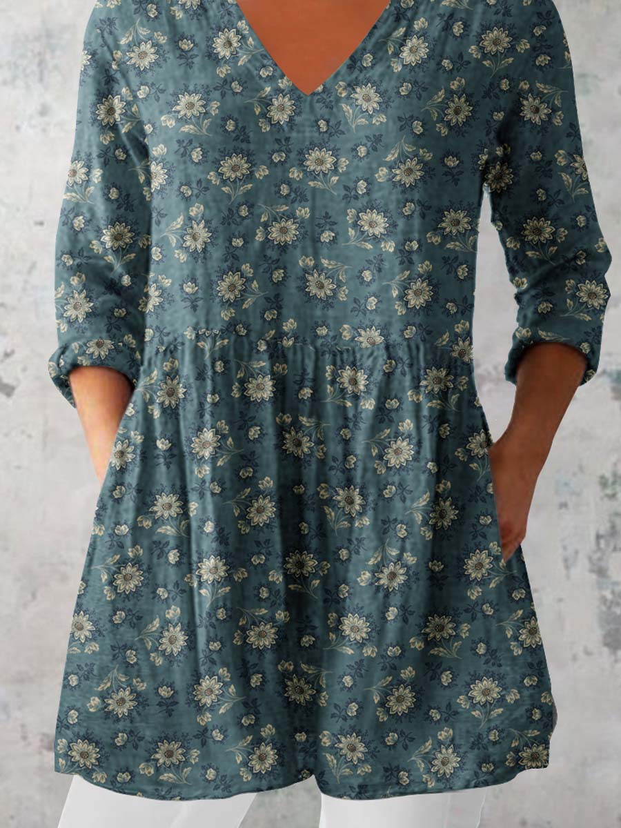 Women's Classic Round Neck Floral Pattern Cotton and Linen Top