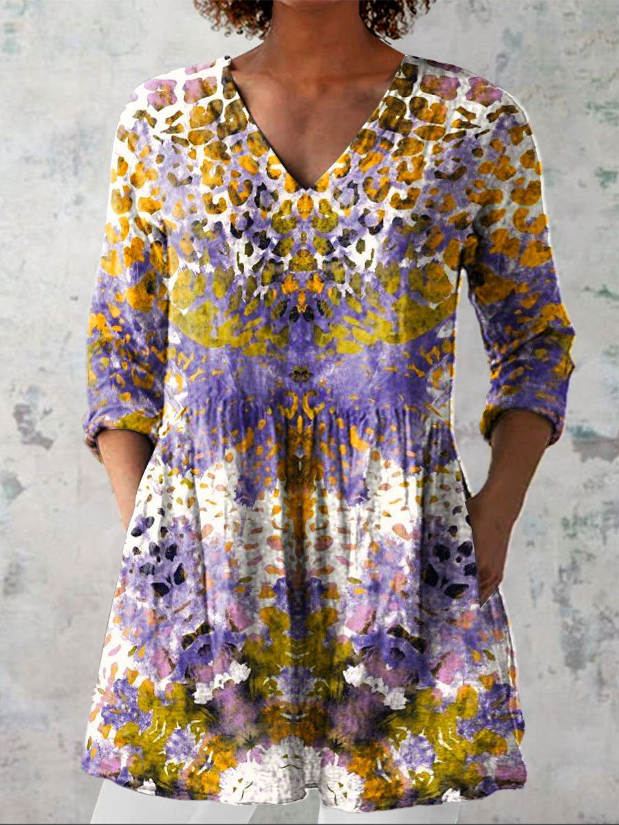 Women's Colorful Flower Art Print Casual Linen V-neck Shirt