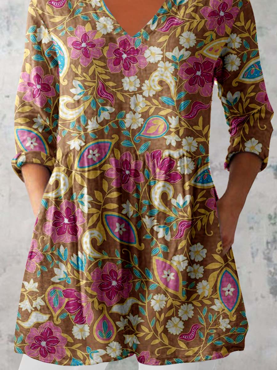 Women's Elegant Floral Round Neck Cotton and Linen Top