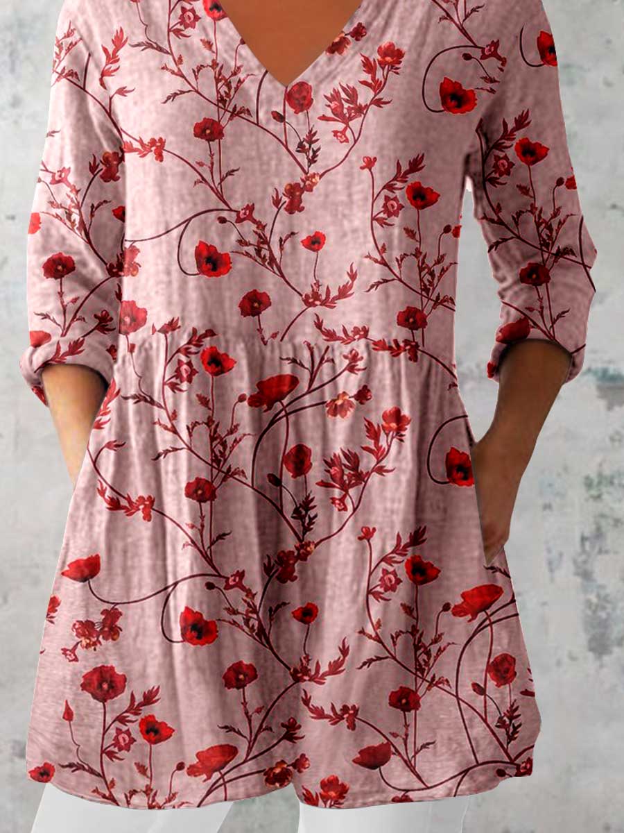 Women's Elegant Floral Print Linen Crew Neck Top