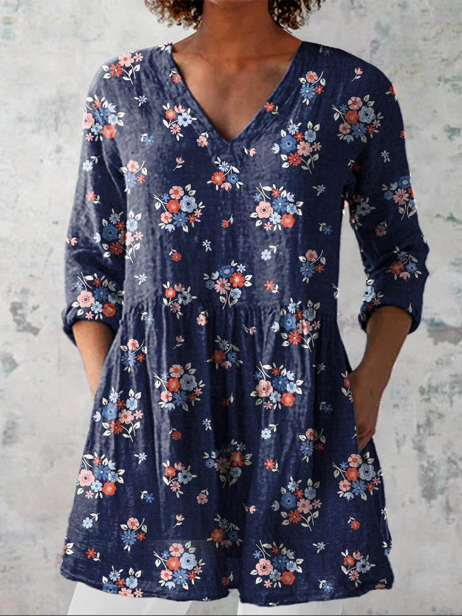Women's Vintage Lovely Floral Art Print Casual Linen V-neck Shirt